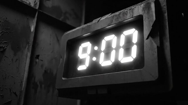 Digital alarm clock shows 9:00 with dramatic lighting, aged grunge background in black and white