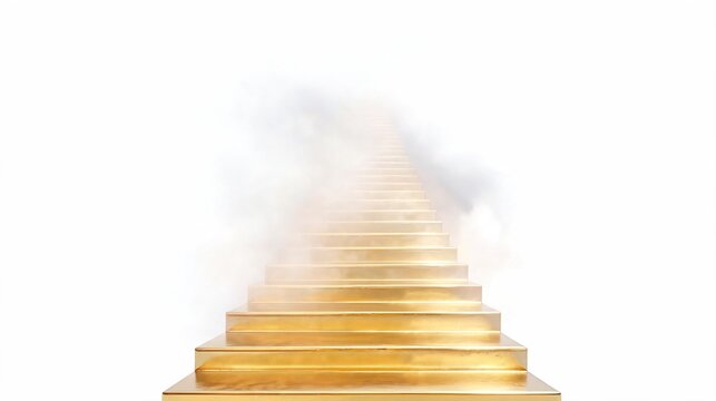 Golden Staircase Ascending Through Clouds Toward Bright Horizon Symbolizing Success