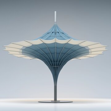 Modern single pole tensile fabric canopy parasol structure with blue and off-white membrane designed for outdoor public space shading and modern architecture