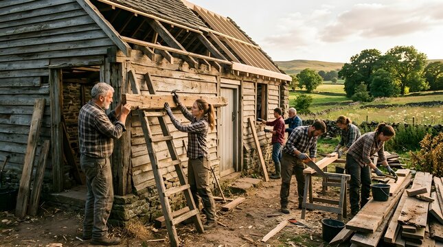 Group of Carpenters Restoring a Traditional Wooden Barn in Rural Countryside