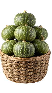Woven basket full of fresh green speckled kabocha squash pumpkins