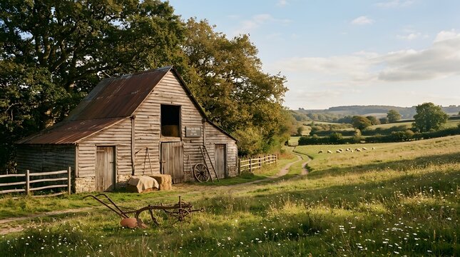 Rustic Wooden Barn Standing in a Serene Rolling Green Countryside Landscape