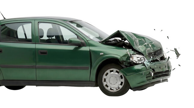 Smashed green car after front-end collision, damaged vehicle with crumpled hood and broken headlights, auto insurance claim concept on transparent background