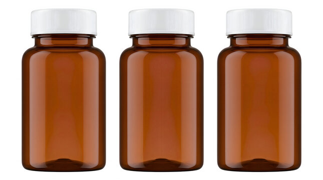 Amber glass pill bottles with white caps, set of three medical supplement jars, blank pharmaceutical containers for vitamin packaging mockup