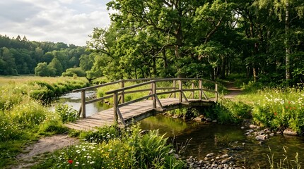 Fototapeta premium Wooden bridge over a calm stream in a green forest landscape