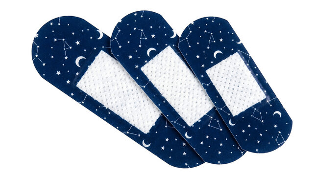 Celestial pattern adhesive bandages with moon and stars, blue medical plasters for kids, first aid strips with constellation design on transparent background