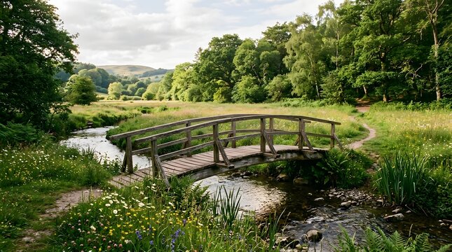 Wooden bridge over a calm river in a green countryside landscape
