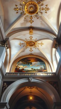 Intricate ornate ceiling with golden chandelier in historic church.