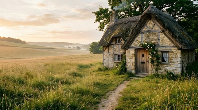 Idyllic Rustic Stone Cottage with Thatched Roof in Scenic Countryside