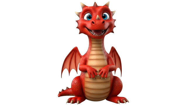 Cute cartoon red dragon character sitting smiling on white background