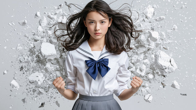 Japanese Female Student Breaking Through with Flying Debris and Determined Pose