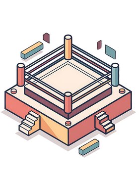 Isometric Wrestling Ring Illustration with Stairs.