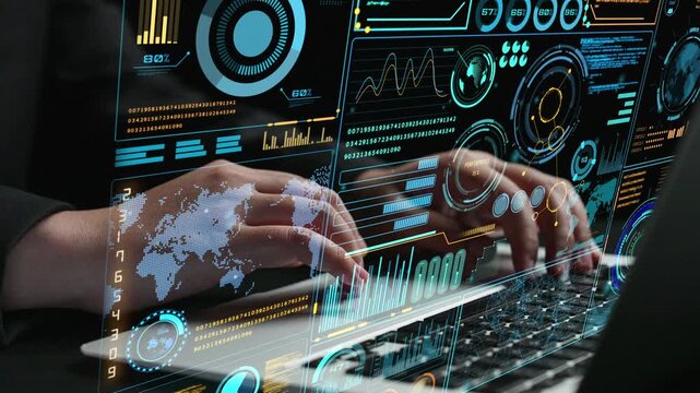A close-up view of hands typing on a laptop, surrounded by vibrant data visuals and analytics. This image represents the intersection of technology and business operations. Cipher