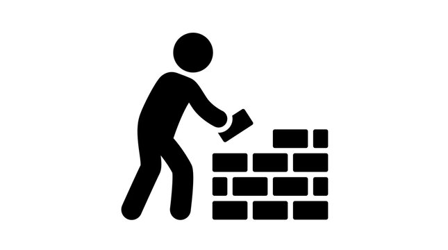 Construction worker icon depicts a simplified silhouette of a person building a brick wall to represent labor, masonry, and professional development in the industrial and building sectors.