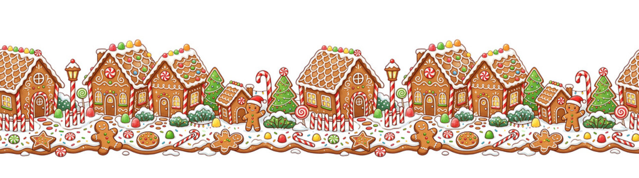 Charming Christmas gingerbread village border with houses. trees. gingerbread men. candy canes. an