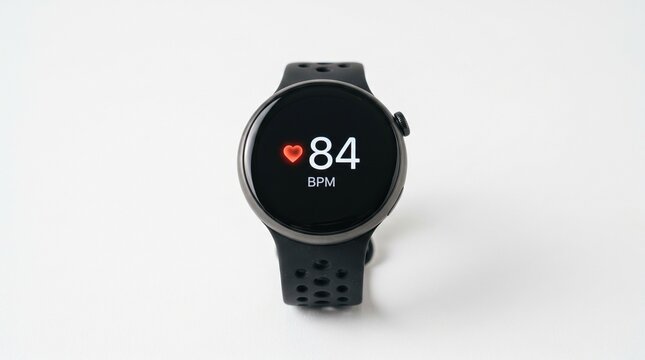 Modern smartwatch displays heart rate of 84 bpm on black screen with red heart icon against white background
