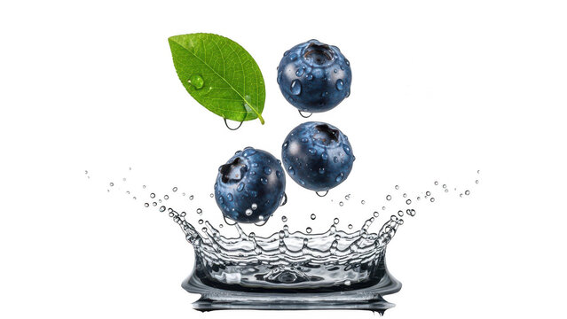 Fresh blueberries falling into water with splashes and green leaf