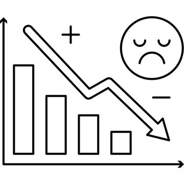 Minimalist black line vector illustration of a falling bar chart and downward arrow paired with a sad face emoji on a clean white background representing economic loss.
