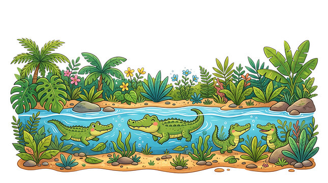 Cute Cartoon Crocodiles Swimming in a Tropical River Surrounded by Lush Green Jungle Plants
