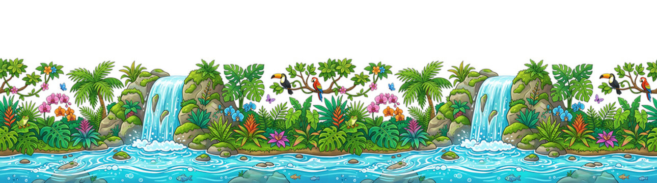 Lush jungle border with vibrant waterfalls. tropical plants. colorful flowers. parrots. toucans. a