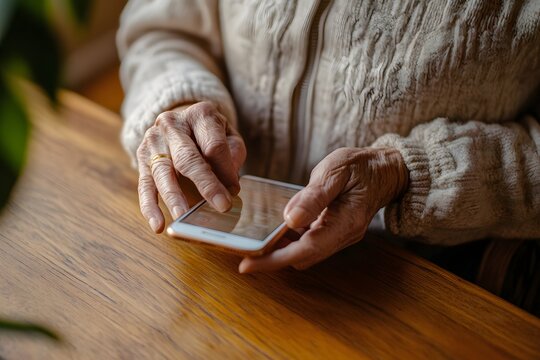Close-up of senior hands using smartphone on wooden table, showcasing digital lifestyle, mobile technology, telehealth, online banking, and elderly digital inclusion