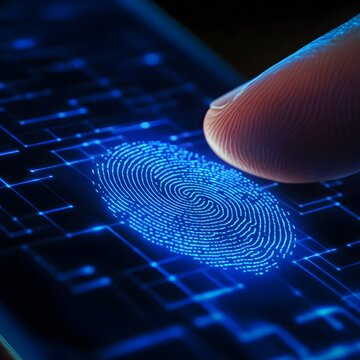 Macro fingerprint scan on futuristic digital interface, showcasing biometric authentication, cybersecurity, digital identity, secure access, data protection and AI technology