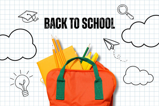 Back to school, Bright backpack filled with stationery tools ready for new school challenges