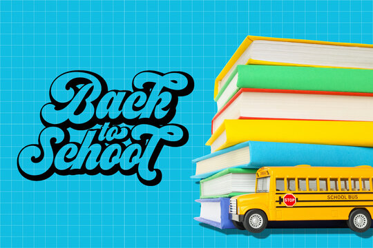 Back to school, Colorful books are stacked beside a vibrant school bus model