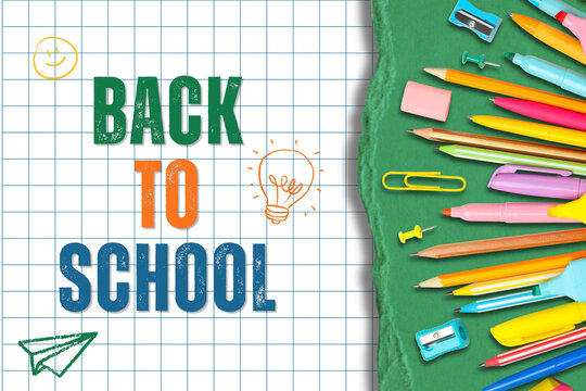 Back to school, Colorful school supplies arranged on a textured background