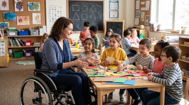 Inclusive classroom setting with a teacher in a wheelchair leading a diverse group of young students in an art activity