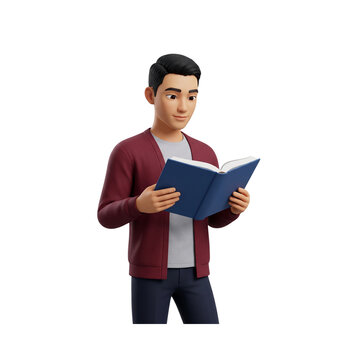 Young Asian man reading book isolated 3D character clipart for education concept