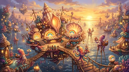 Obraz premium Colorful Fantasy Village on Ocean Platform at Sunset