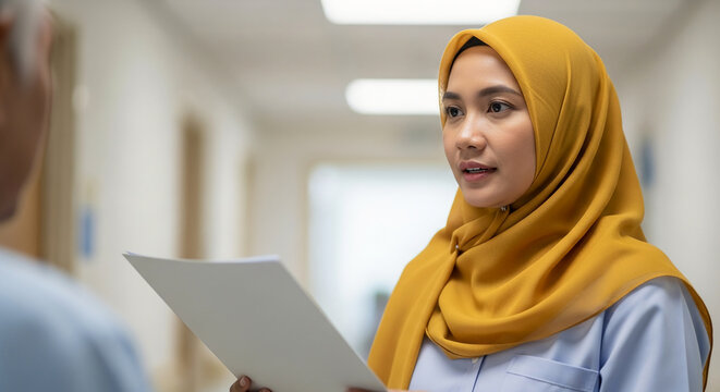 Professional Muslim nurse or doctor wearing yellow hijab discussing medical reports with a patient in a clean clinic or hospital background corridor.
