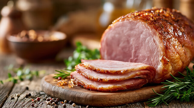 Premium ham slices on rustic board with herbs and warm kitchen light, appetizing delicatessen food