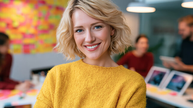 Smiling blonde woman in yellow sweater in creative office with colorful workspace and collaborative team