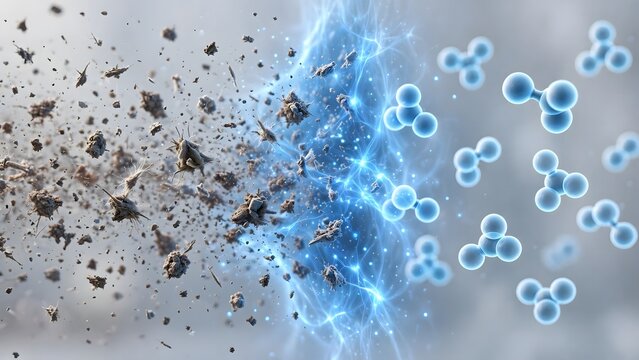 Dynamic energy field actively transforming raw fragmented matter into refined molecular structures, illustrating a powerful process of purification and scientific change