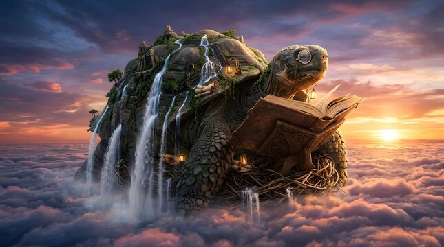 Enchanting Turtle Island with Waterfall and Open Book