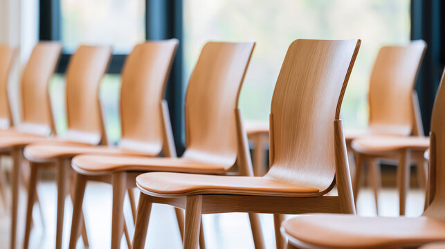 Conference room with wooden chair aligned in row near window, minimal Scandinavian interior with natural light