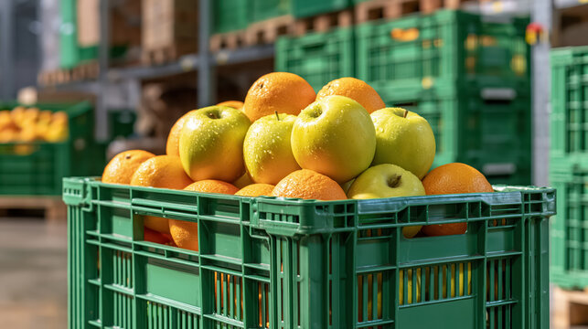 Fresh produce in green crate at warehouse with apples and oranges for food distribution logistics