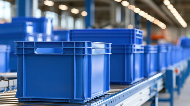 Blue plastic crate conveyor warehouse logistics center sorting line reusable container sustainable storage industrial transport automated system