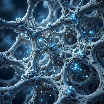 Abstract Microscopic View of an Intricate Cellular Network with Luminous Blue Particles Representing Biological or Technological Advancement
