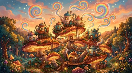 Obraz premium Whimsical Mushroom Village with Colorful Houses and Spirals in Sunset