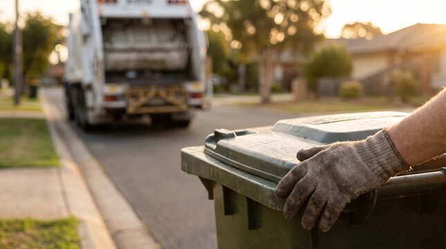 Close up of a sanitation worker wearing protective gloves holding a wheelie trash bin during morning residential waste collection.