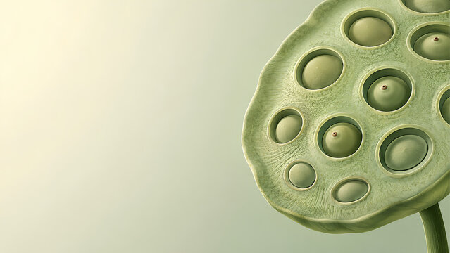 Lotus seed pod displays organic textures and pale green hues against a soft, sunlit gradient background.