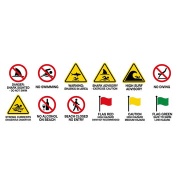 Beach Safety Warning Signs Set with Shark Alert, No Swimming, High Surf Advisory, Warning Flags and Ocean Hazard Symbols Vector Collection