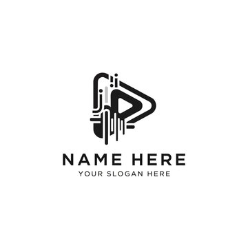 Play Button Logo with Sound Waves and Text Placeholder