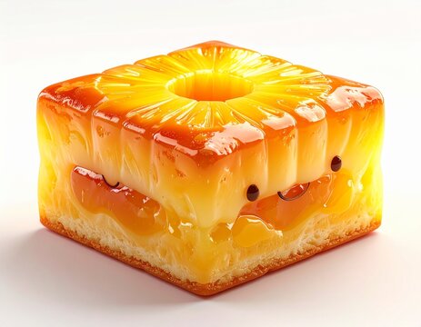 cute 3D cartoon Taiwanese pineapple cake, adorable chibi style, square golden pastry with pineapple jam filling visible