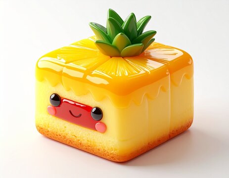 cute 3D cartoon Taiwanese pineapple cake, adorable chibi style, square golden pastry with pineapple jam filling visible