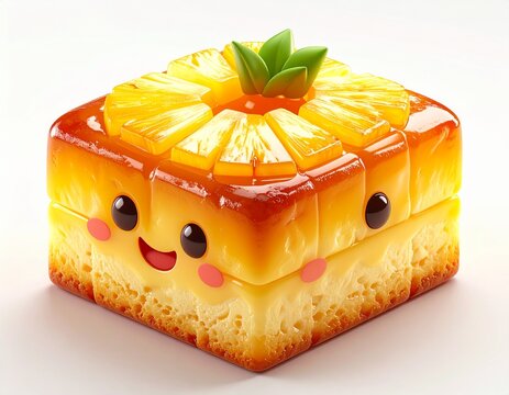 cute 3D cartoon Taiwanese pineapple cake, adorable chibi style, square golden pastry with pineapple jam filling visible