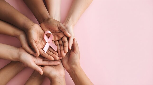 Diverse group of people holding a pink ribbon together to show support and raise awareness during breast cancer awareness month event